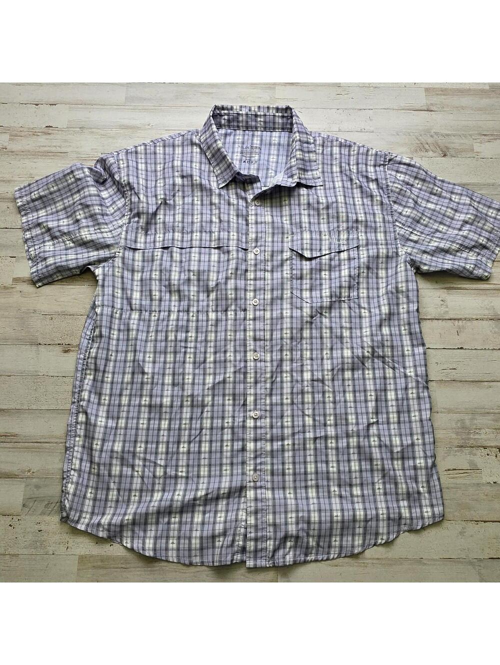 Huk Shirt Mens XL Blue Plaid Performance Fishing Button Up Short Sleeve Fish